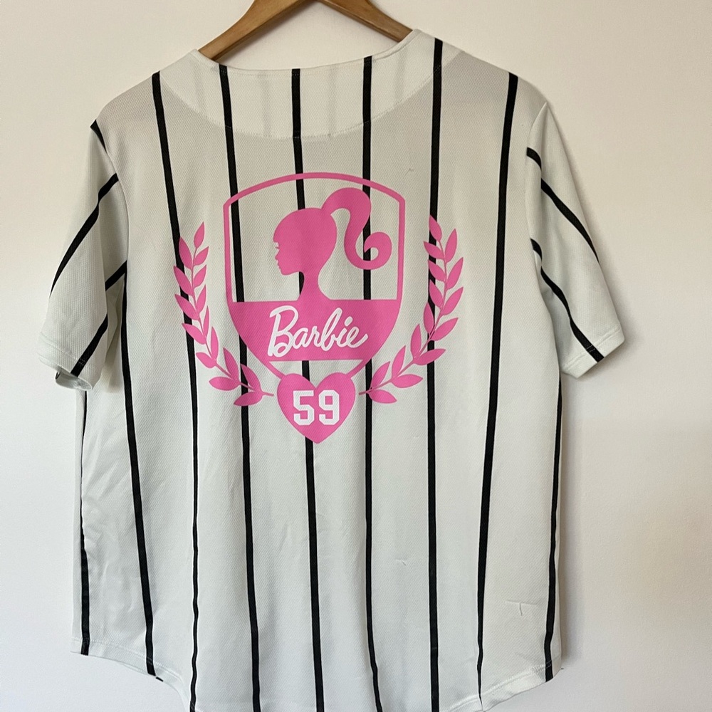 White Pinstriped Barbie Graphic Baseball Jersey - Picture 8 of 11